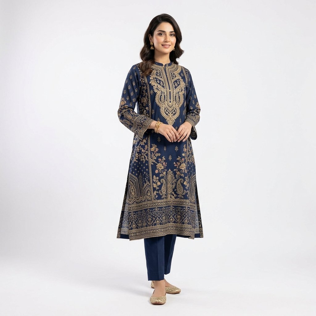 Pakistani Embroidered Navy Lawn Kurti