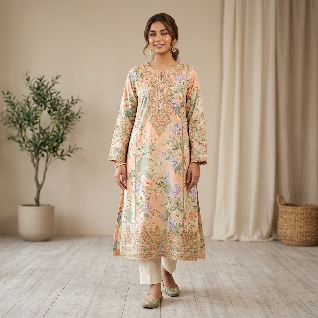 Peach Floral Digital Printed Lawn Kameez