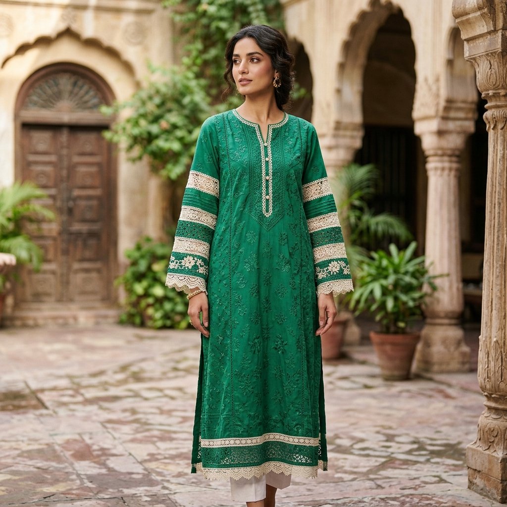 Emerald Green Chikankari Lawn Shirt