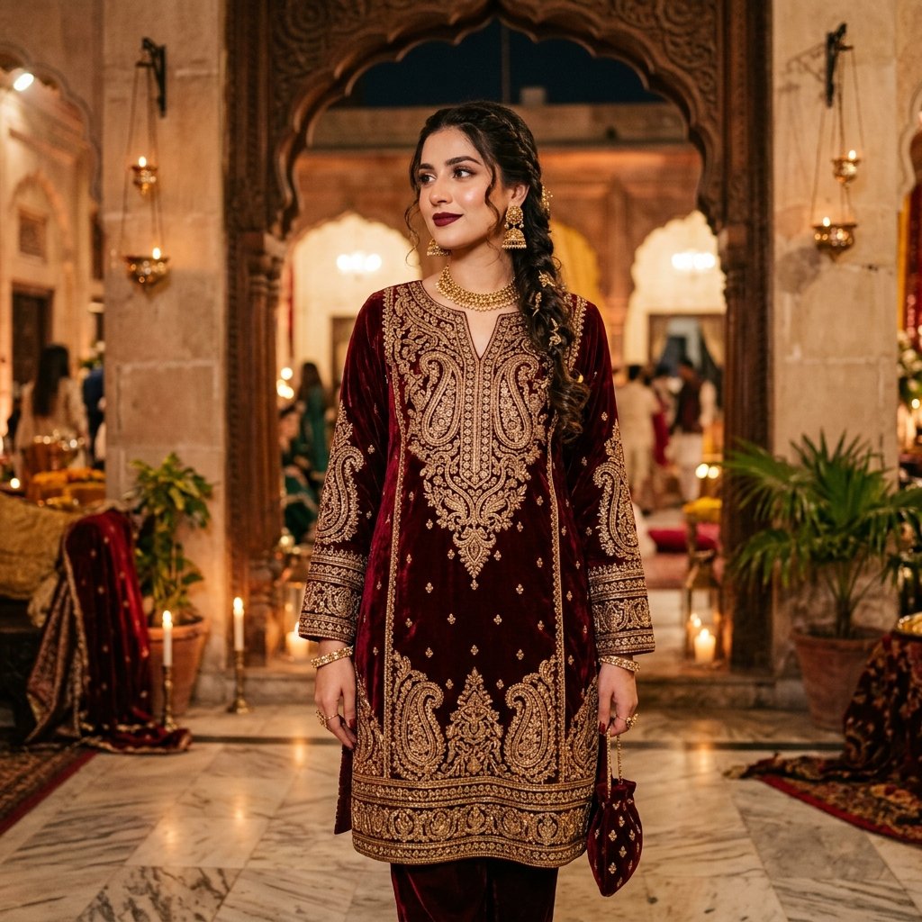Maroon Velvet Zari Kurti