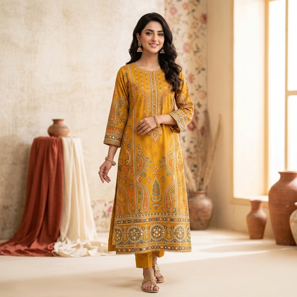 Mustard Yellow Mirror Work Kurti