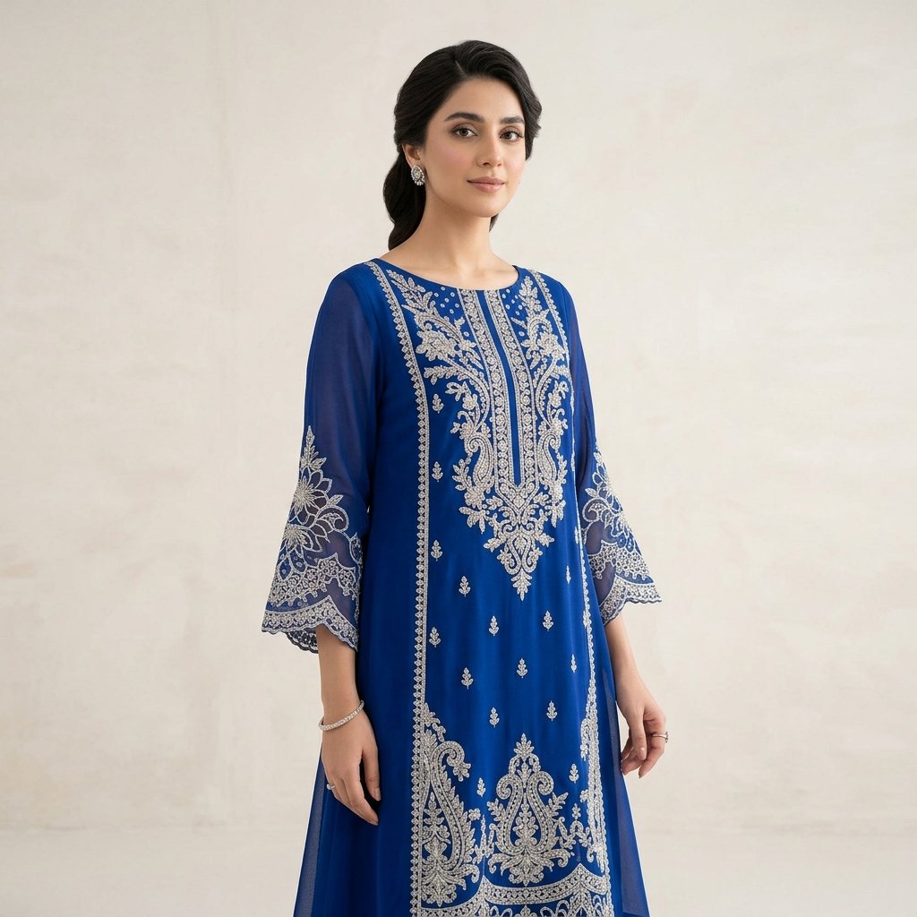 Royal Blue Georgette Cutwork Kameez