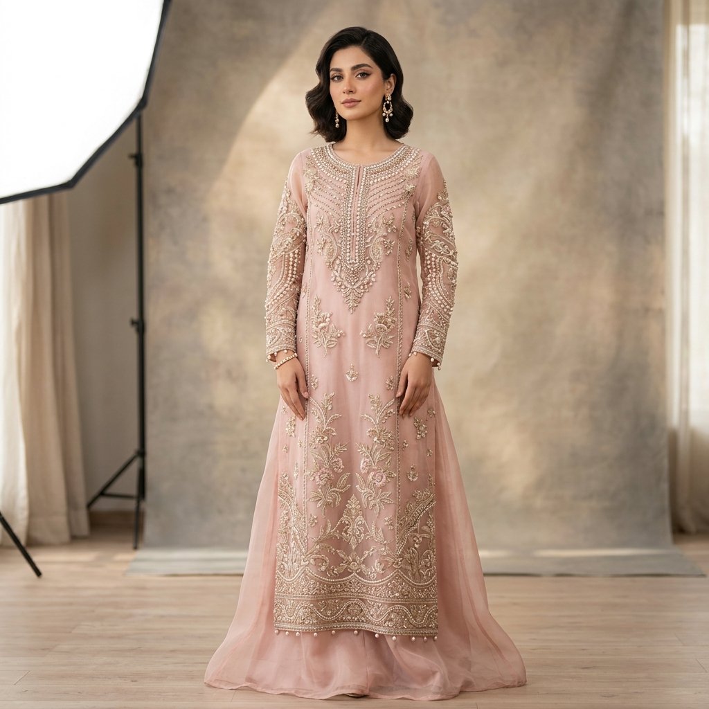 Blush Pink Pearl Organza Kurti