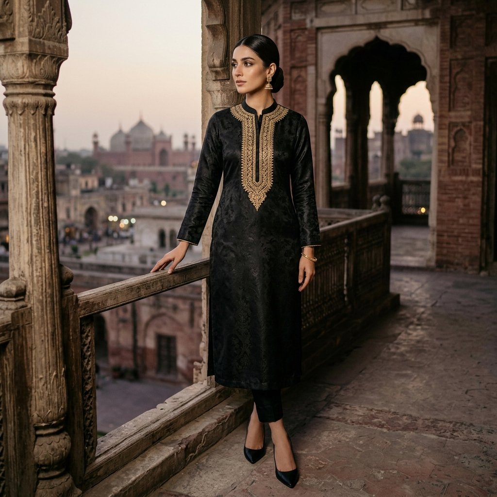 Black Jacquard Silk Gold Motif Tunic