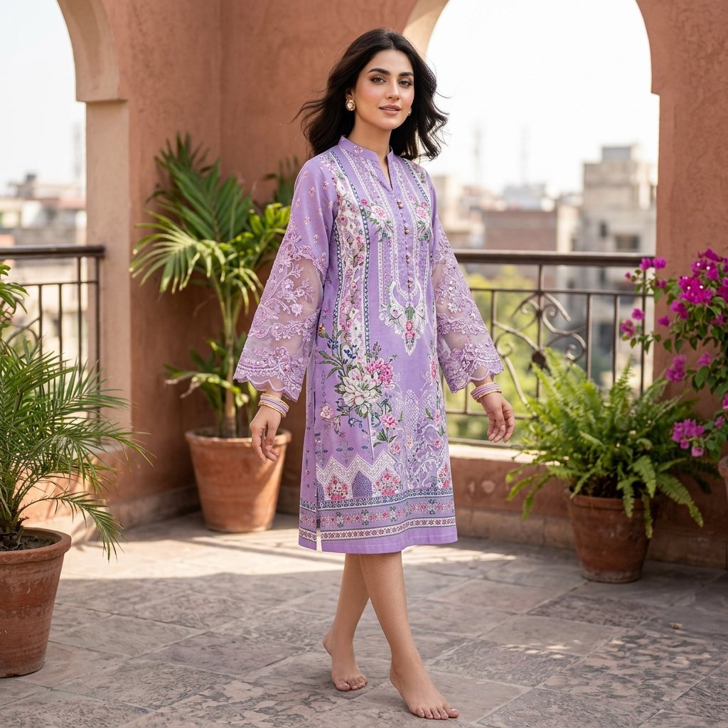 Lavender Organza Patch Lawn Kurti